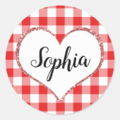 レッドギンガムハート名前をカスタムするモノグラムバレンタイン ラウンドシール (正面)