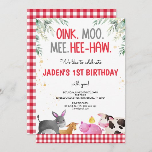 レッドギンガムファームアニマルズ誕生日納屋周囲の庭 招待状 (正面/裏面)