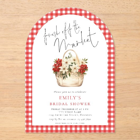 レッドギンガムフレッシュオフマーケットブライダルシャワーアーチ アクリル招待状 (正面)