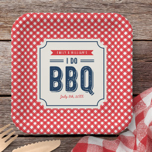 レッドギンガム ブルーのI Do BBQ 婚約パーティー  ペーパープレート