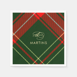 レッドクラシック&グリーンプレイド名前をカスタムするホリデー スタンダードカクテルナプキン