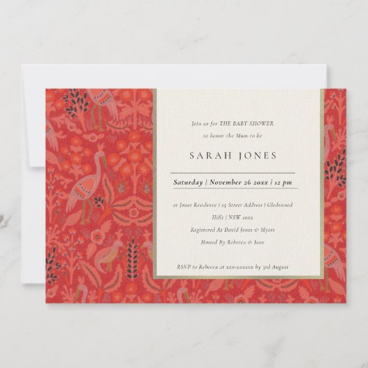 レッドクラッシー華美フローラピーコックベビーシャワー招待状 サンキューカード (正面)