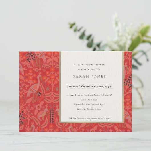 レッドクラッシー華美フローラピーコックベビーシャワー招待状 サンキューカード (スタンド正面)