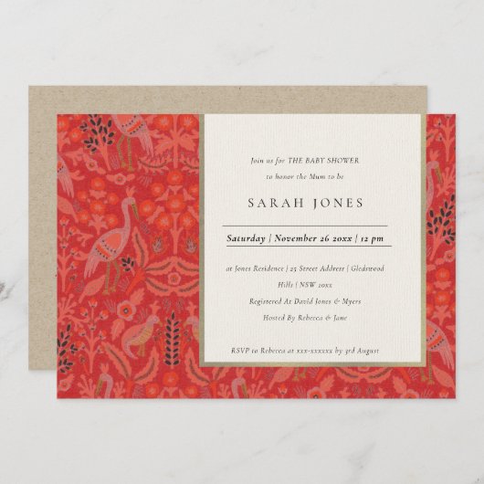 レッドクラッシー華美フローラピーコックベビーシャワー招待状 サンキューカード (正面/裏面)