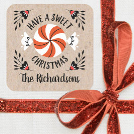 レッドクラフトクリスマスペパーミントキャンディーギフトラベル スクエアシール