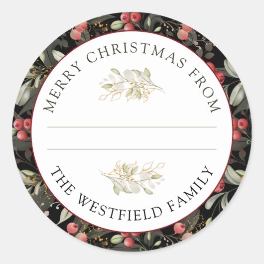 レッドクランベリーのクリスマスグリーンの食べ物の贈り物 ラウンドシール (正面)
