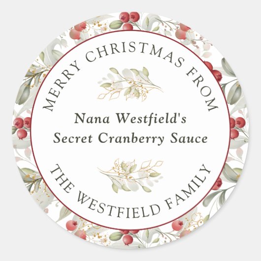 レッドクランベリーのクリスマスグリーンの食べ物の贈り物 ラウンドシール (正面)