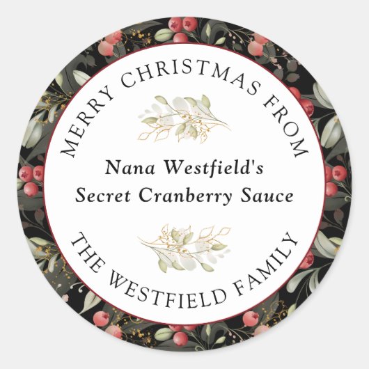 レッドクランベリーのクリスマスグリーンの食べ物の贈り物 ラウンドシール (正面)