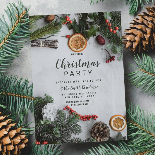 レッドクランベリーオレンジウィンターピネツリークリスマス 招待状