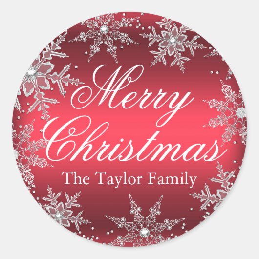 レッドクリスタルスノーフレーククリスマスステッカー ラウンドシール (正面)
