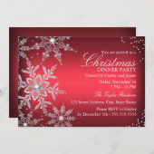 レッドクリスタルスノーフレーククリスマスディナーパーティー 招待状 (正面/裏面)