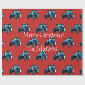 レッドクリスマスにブルーファームトラクター ラッピングペーパー (フラット)