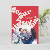 レッドクリスマスはっきりしたタイポグラフィオーバルアーチ写真 シーズンカード (スタンド正面)