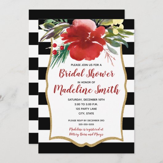 レッドクリスマスウォーターカラーフラワーズブライダルシャワー 招待状 (正面/裏面)