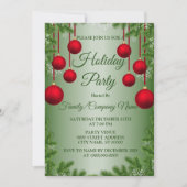 レッドクリスマスオーナメントグリーンホリデーズパーティー 招待状 (正面)