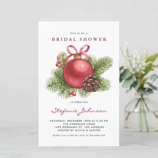 レッドクリスマスオーナメントブライダルシャワーの招待状 (スタンド正面)