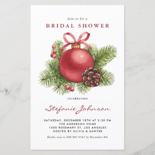 レッドクリスマスオーナメントブライダルシャワーの招待状 (正面)
