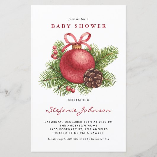 レッドクリスマスオーナメントブライダルシャワーの招待状 (正面)