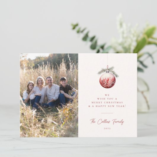 レッドクリスマスオーナメントホリデーフォトカード シーズンカード (スタンド正面)
