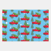 レッドクリスマスカーのトラックツリーの贈り物 ラッピングペーパーシート (正面2)