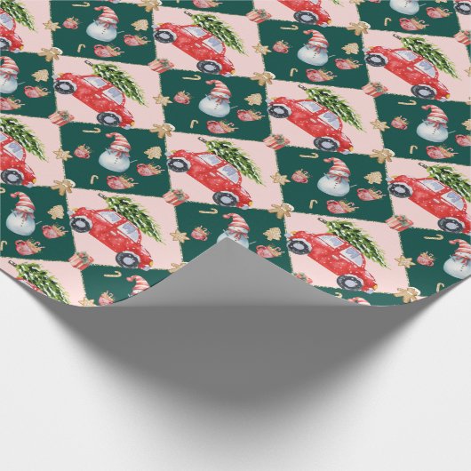 レッドクリスマスカーウォーターカラーホリデー ラッピングペーパー (角)