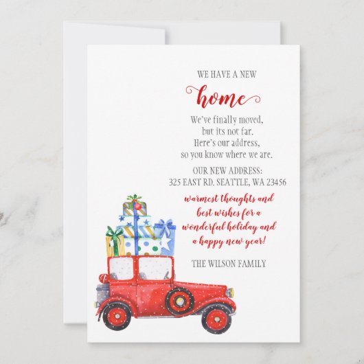 レッドクリスマスカー引っ越しましたホリデーカード (正面)
