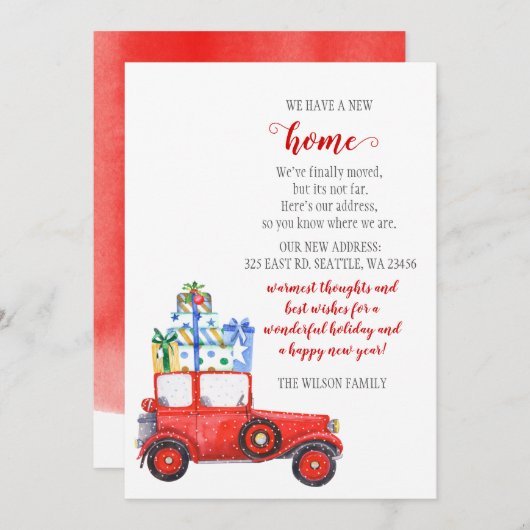 レッドクリスマスカー引っ越しましたホリデーカード (正面/裏面)