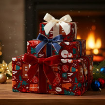 レッドクリスマスギフト包装紙+フェスティブアイコン