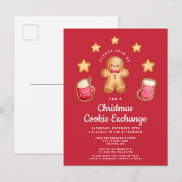 レッドクリスマスクッキー交換会 かわいいジンジャーブレッドマン インビテーションポストカード