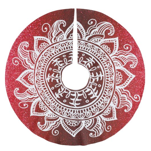 レッドクリスマスグリッターサンタマンダラスノーフレークレース ブラッシュドポリエステルツリースカート (正面)