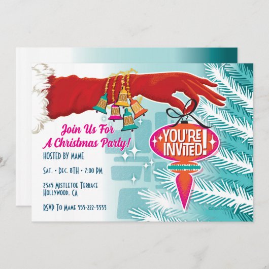 レッドクリスマスグローブパーティの招待状 招待状 (正面/裏面)