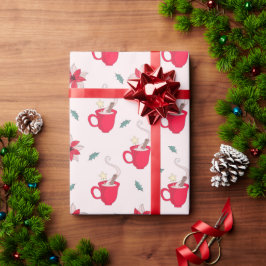 レッドクリスマスコーヒーカップ | 柊の小枝 ラッピングペーパー