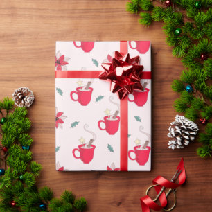 レッドクリスマスコーヒーカップ 柊の小枝 ラッピングペーパー