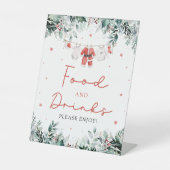 レッドクリスマスサンタベビーシャワーの食べ物と飲み物 台座サイン (正面)