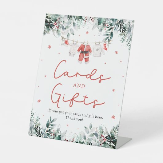 レッドクリスマスサンタベビーシャワーカードとギフト 台座サイン (正面)