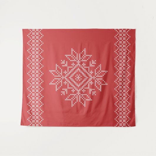 レッドクリスマスシーズンのフォークアートのスノーフレーク タペストリー (正面(横))