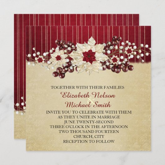 レッドクリスマススターダマスク金ゴールド結婚式招待状 招待状 (正面/裏面)