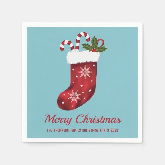 レッドクリスマスストッキングオンブルーウィズカスタム文字 スタンダードカクテルナプキン (正面)