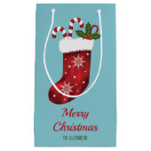 レッドクリスマスストッキングオンブルーウィズカスタム文字 スモールペーパーバッグ (正面)