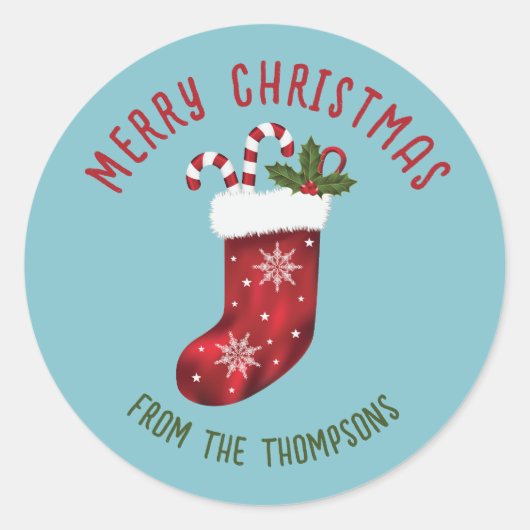 レッドクリスマスストッキングオンブルーウィズカスタム文字 ラウンドシール (正面)