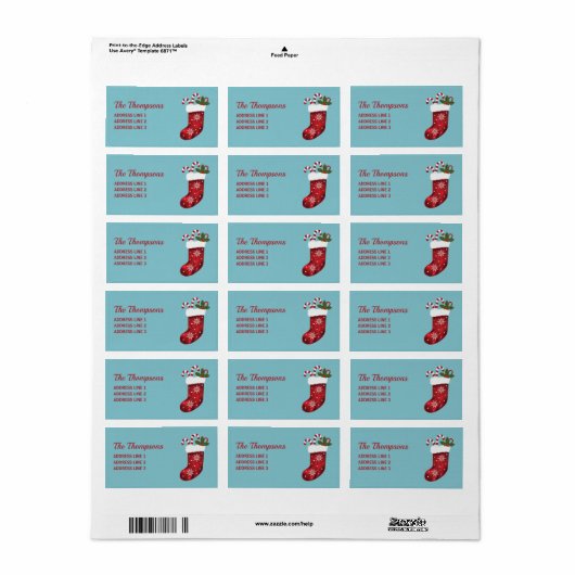 レッドクリスマスストッキングオンブルーウィズカスタム文字 ラベル (フルシート)