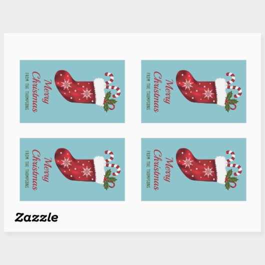 レッドクリスマスストッキングオンブルーウィズカスタム文字 長方形シール (シート)