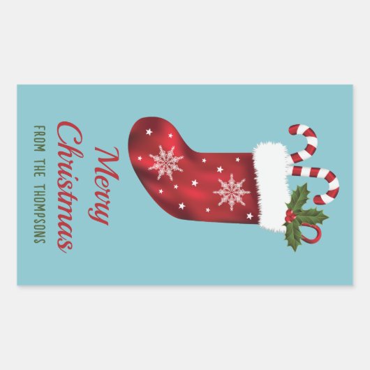 レッドクリスマスストッキングオンブルーウィズカスタム文字 長方形シール (正面)