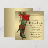 レッドクリスマスストッキングレッド金ゴールドクリスマスパーティー 招待状 (正面/裏面)