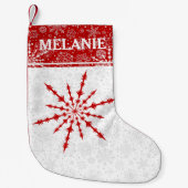 レッドクリスマススノーフレークカスタムモノグラム スモールクリスマスストッキング (正面)