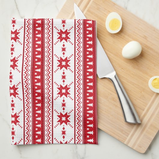 レッドクリスマスセータインスパイアーパターン キッチンタオル (四つ折り)