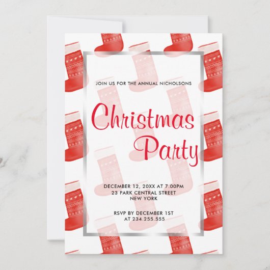 レッドクリスマスソックスかわいいパターンホリデーパーティー 招待状 (正面)