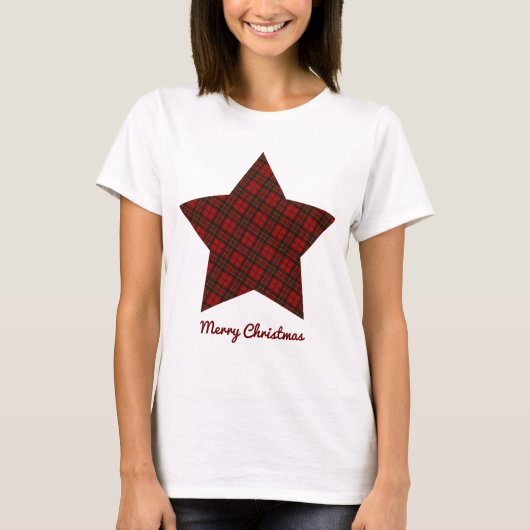レッドクリスマスタータンチェックスターメリークリスマス文字 Tシャツ (正面)