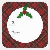 レッドクリスマスタータンチェックホリーtwigあなたのテキストギフトラベル スクエアシール (正面)