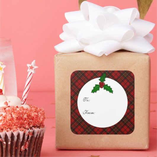 レッドクリスマスタータンチェックホリーtwigあなたのテキストギフトラベル スクエアシール (パーティー)